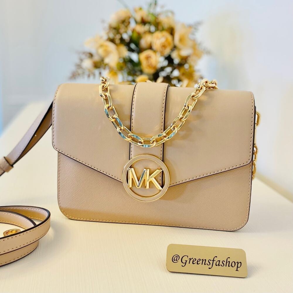 Michael Kors Carmen Medium Monogram Flap Crossbody leather buff